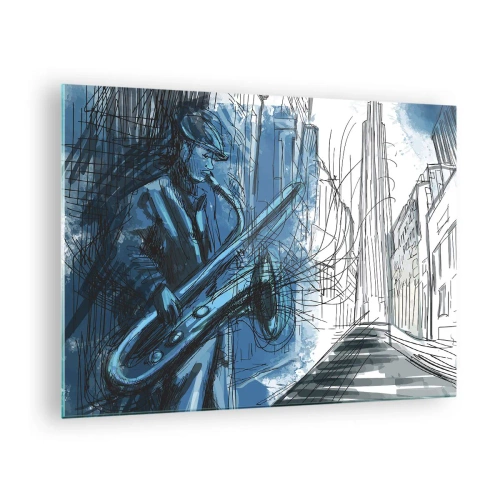 Billede på glas - Jazzsaxofonist i et blåt bymiljø - 70x50cm - Byens rapsodi - Moderne vægdekoration til stue og soveværelse ARTTOR