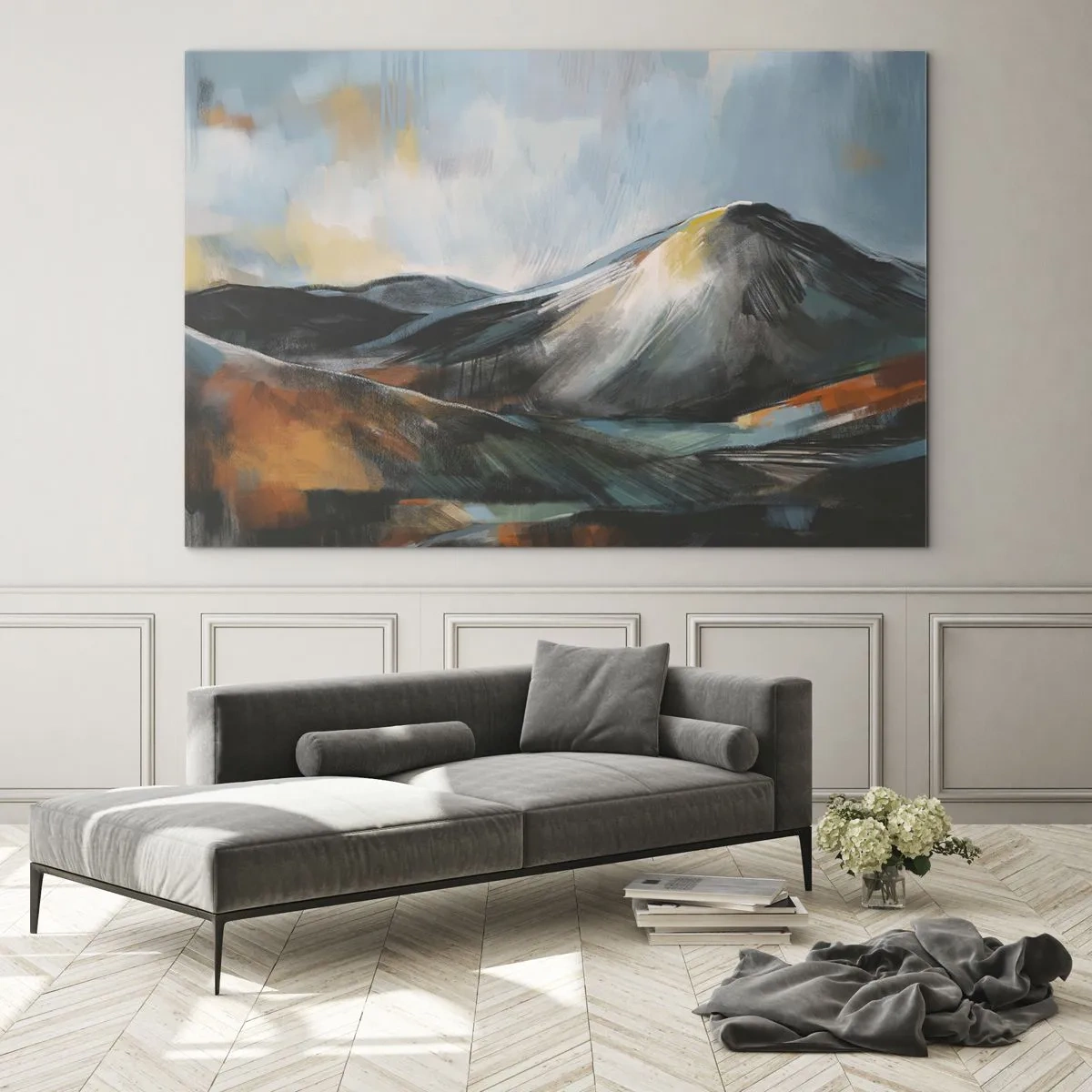 Billede på glas - Et malerisk bjerglandskab i varme og kølige farver - 70x50cm - Rå og smuk - Moderne vægdekoration til stue og soveværelse ARTTOR