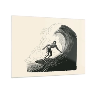Billede på glas - Surfer rider på en høj bølge i retro-tegningsstil - 70x50cm - Bølgens konge - Moderne vægdekoration til stue og soveværelse ARTTOR