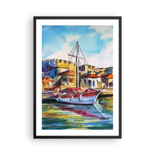 Plakat i sort ramme - Et farverigt akvarelmaleri af en yacht i en kystby - 50x70cm - Regnbue eftermiddag - Moderne vægdekoration til stue og soveværelse ARTTOR