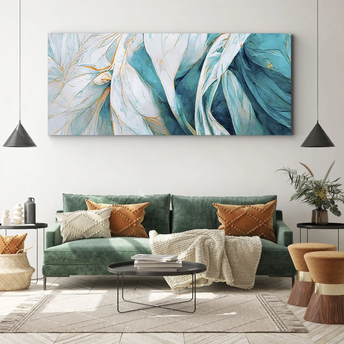 Lærredstryk - Billede på lærred - Blå abstraktion med et guldmotiv - 100x40 cm