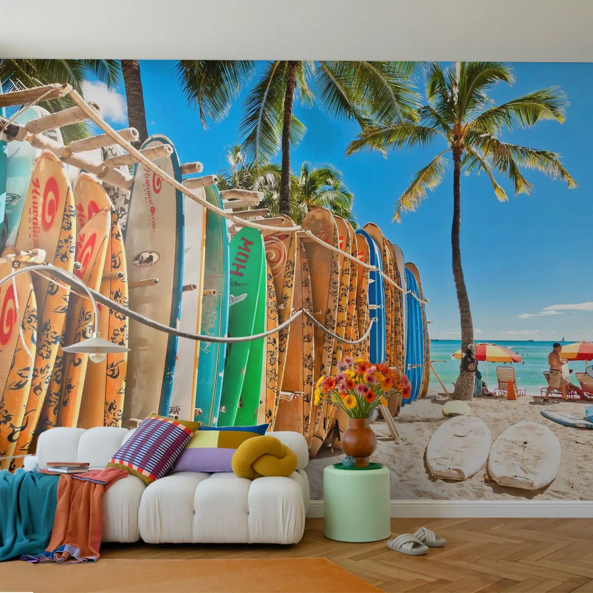 Fototapet Premium Sand - Solrig sjov - Landskab, Surfbræt, Strand - 100x70 cm