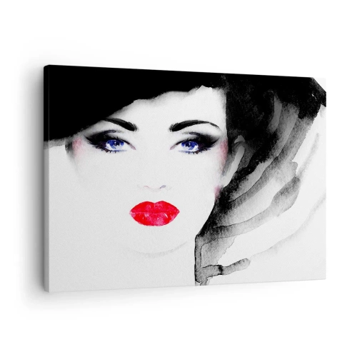 Lærredstryk - Billede på lærred - Portræt af en kvinde med røde læber og intense blå øjne - 70x50cm - Afviser og tilkalder - Moderne vægdekoration til stue og soveværelse ARTTOR