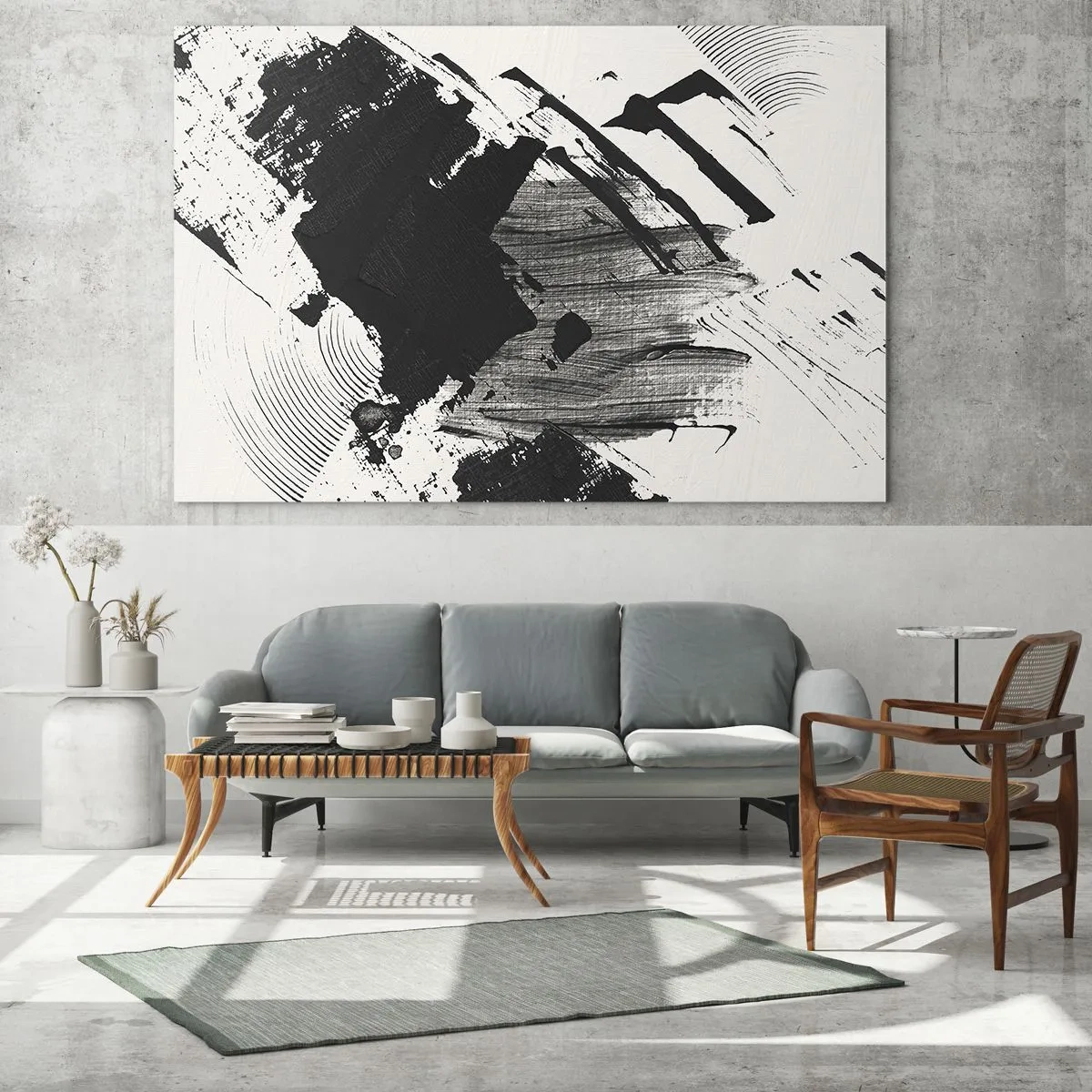 Billede på glas - Ekspressiv abstraktion i sort-hvid med dynamiske penselstrøg. - 70x50cm - Abstraktion - det sortes udtryk - Moderne vægdekoration til stue og soveværelse ARTTOR