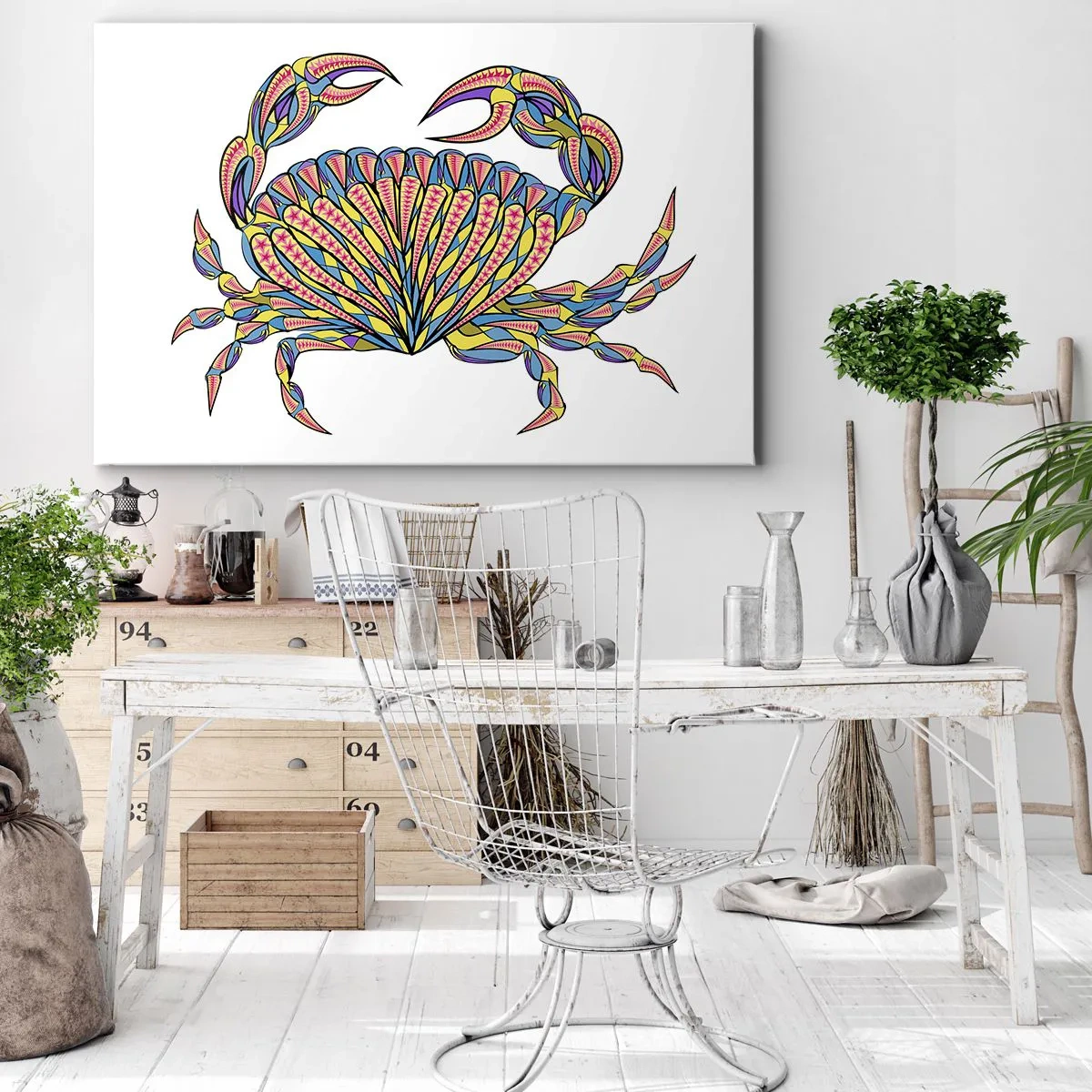 Lærredstryk - Billede på lærred - Farverig krabbe i kunstnerisk stil - 70x50cm - Havsmykker - Moderne vægdekoration til stue og soveværelse ARTTOR
