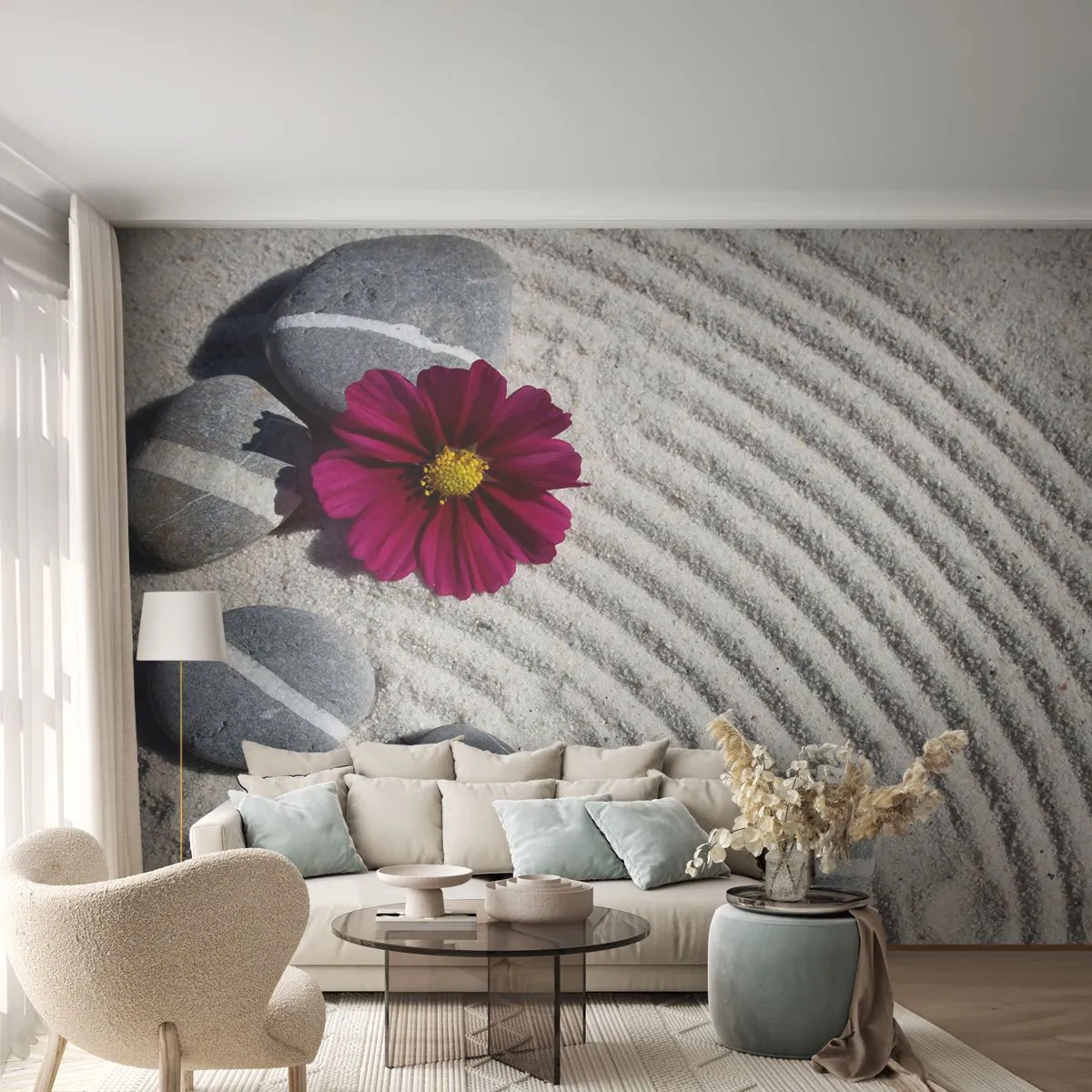 Fototapet Premium Canvas - Energi og ro i den magiske naturcirkel - Blomster, Sand, Sten - 250x175 cm