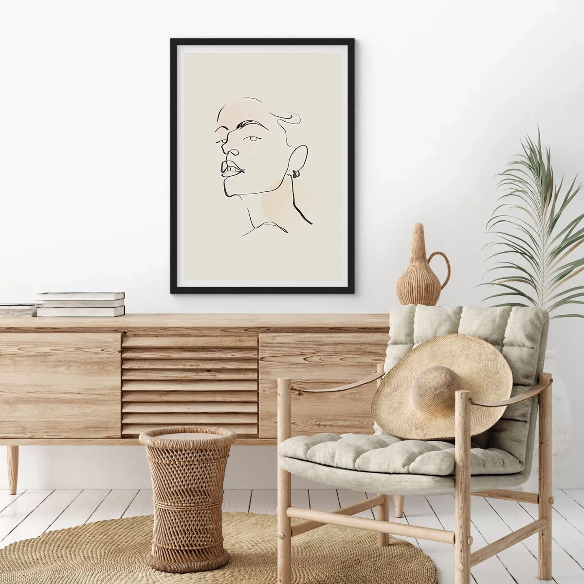 Plakat i sort ramme - Minimalistisk portræt af en kvinde i stregtegningsstil - 50x70cm - Et stolt blik - Moderne vægdekoration til stue og soveværelse ARTTOR