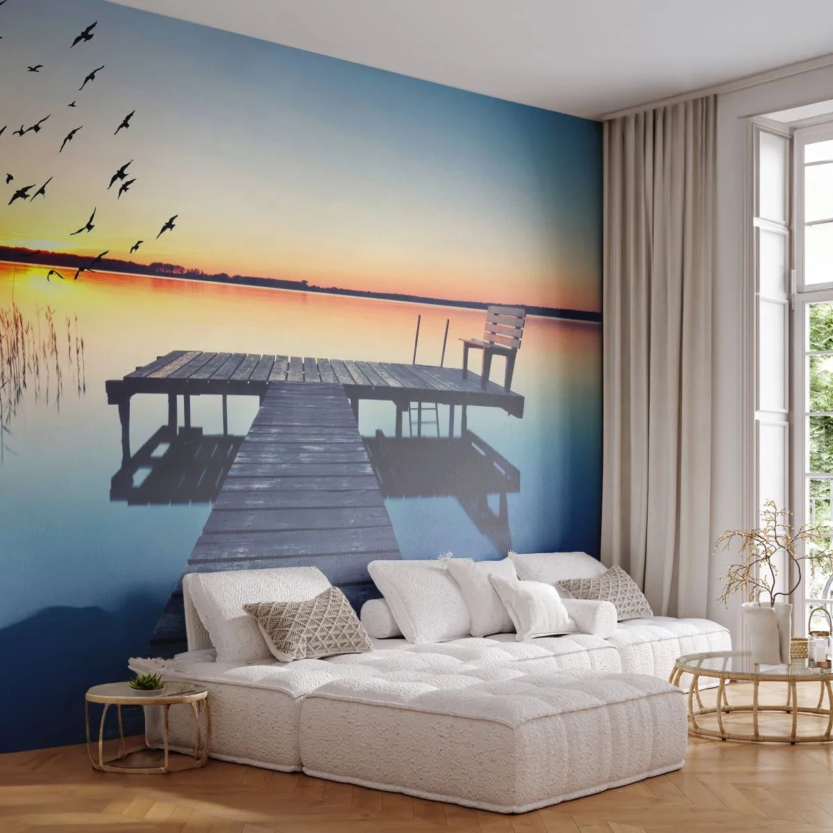 Fototapet Premium Canvas - Det var en god dag - Landskab, Sø, træbro - 100x70 cm