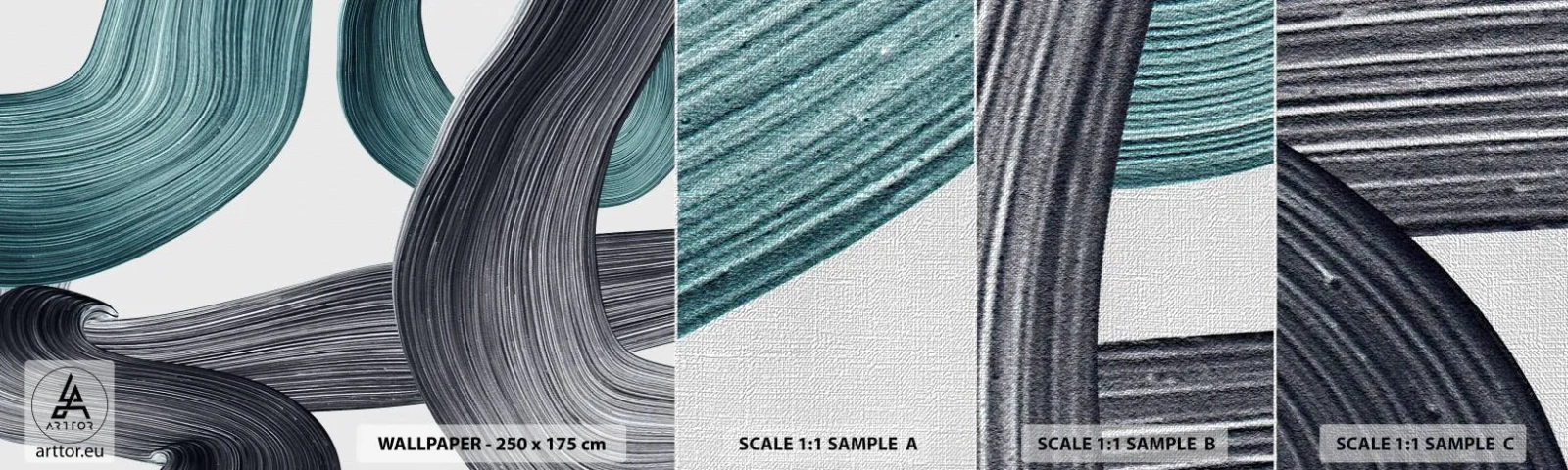 Prøve Fototapet Premium Canvas - Smaragdgrønne og sorte stier - Maling, Børste, Minimalisme - 100x30 cm