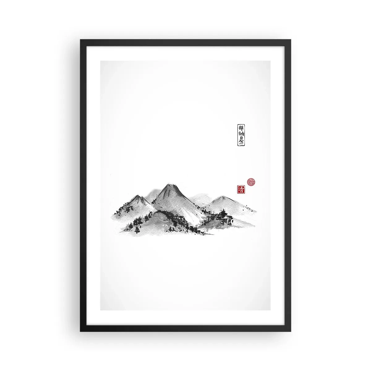 Plakat i sort ramme - Et minimalistisk bjerglandskab i japansk stil - 50x70cm - Langt væk - Moderne vægdekoration til stue og soveværelse ARTTOR
