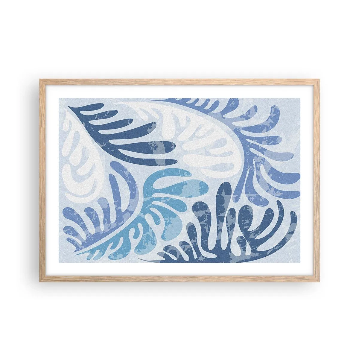 Plakat i ramme af lyst egetræ - Blå bregner - 70x50 cm