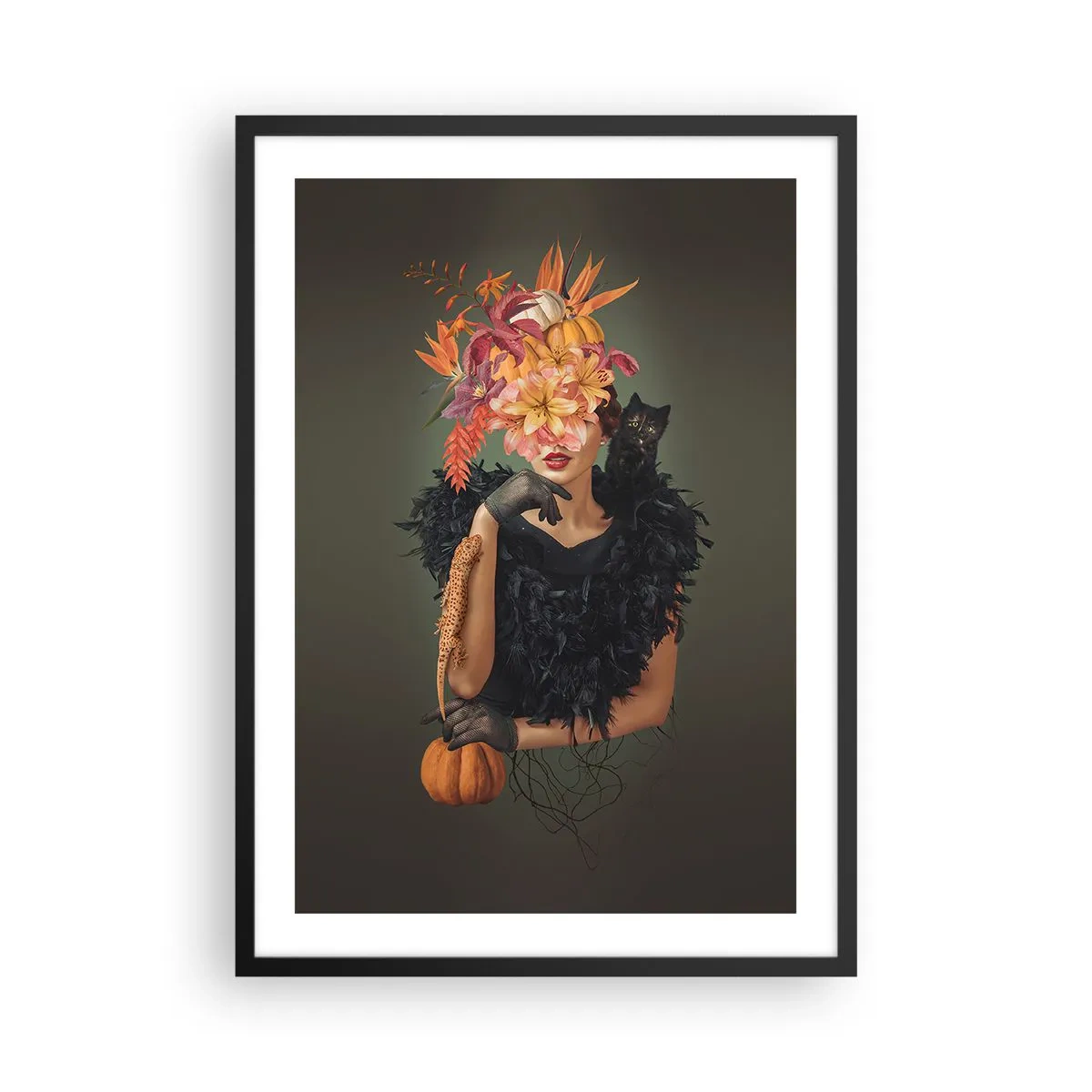 Plakat i sort ramme - Kunstnerisk portræt af en kvinde med blomster, et græskar og en sort kat. - 50x70cm - Heksens fortryllelse - Moderne vægdekoration til stue og soveværelse ARTTOR
