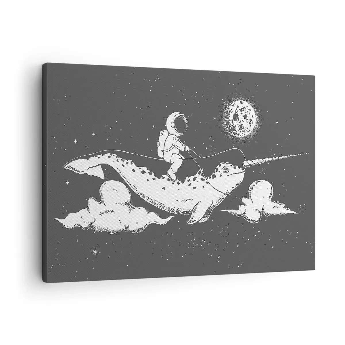 Lærredstryk - Billede på lærred - En astronaut på ryggen af en narhval, der svæver i et rumscene. - 70x50cm - Rumrytter - Moderne vægdekoration til stue og soveværelse ARTTOR