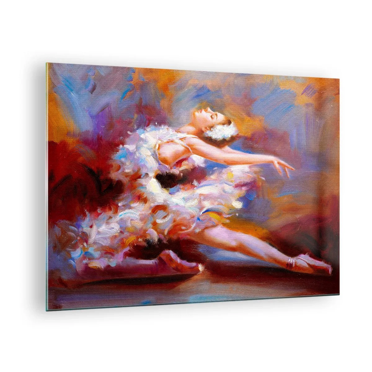 Billede på glas - En ballerina i en dynamisk positur mod en baggrund af abstrakte farver. - 70x50cm - Svanens ynde - Moderne vægdekoration til stue og soveværelse ARTTOR