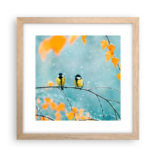 Plakat i ramme af lyst egetræ - Sladder om fugle - 30x30 cm