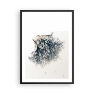 Plakat i sort ramme - En kvindes ansigt med grene, der danner hår i en surrealistisk stil. - 50x70cm - Lyttede til træets hvisken - Moderne vægdekoration til stue og soveværelse ARTTOR