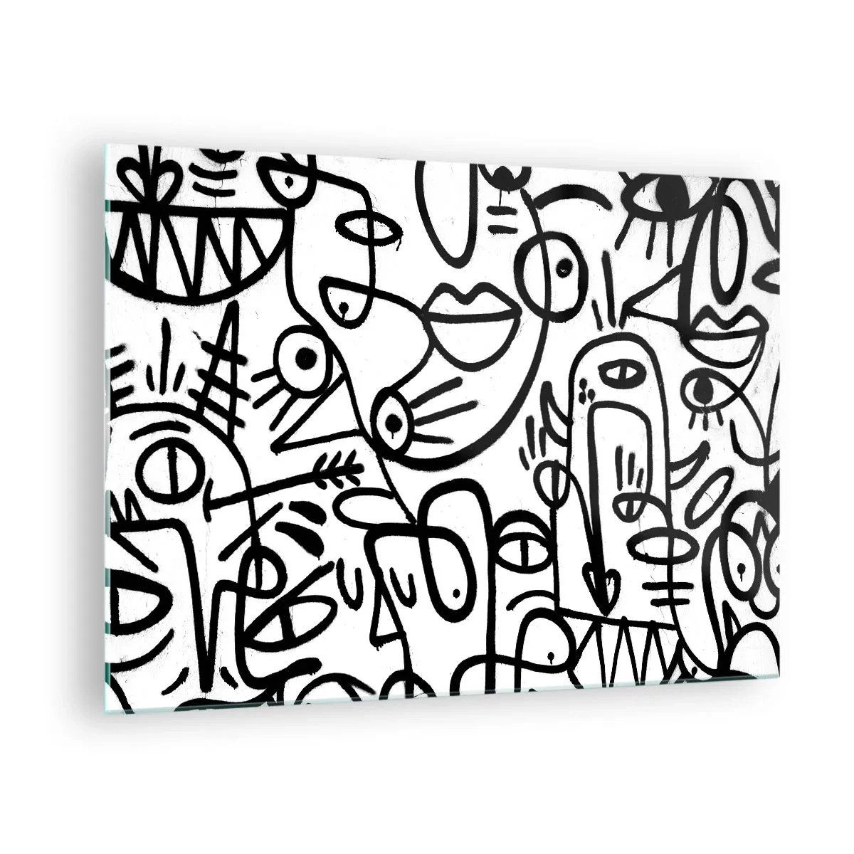 Billede på glas - Sort-hvid abstraktion med øjne, ansigter og linjer - 70x50cm - Ansigter og luftspejlinger - Moderne vægdekoration til stue og soveværelse ARTTOR