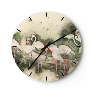 Vægur, Uret - En flok flamingoer i fredelige, tropiske omgivelser - 30x30cm - En eksotisk drøm - Moderne vægdekoration til stue, køkken og soveværelse ARTTOR