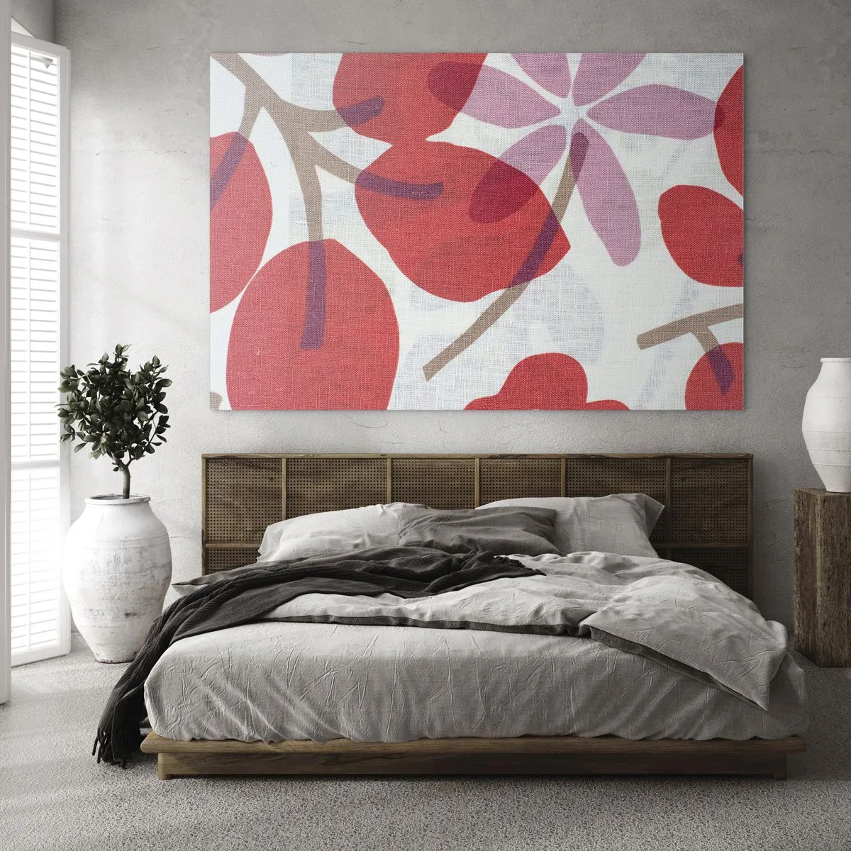 Billede på glas - Lyserøde og røde blade og blomster på en lys baggrund - 70x50cm - Blomsterkomposition i pink - Moderne vægdekoration til stue og soveværelse ARTTOR