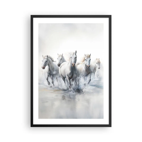 Plakat i sort ramme - Hvide heste galoperer gennem vand i dynamiske omgivelser - 50x70cm - Hvid magi - Moderne vægdekoration til stue og soveværelse ARTTOR