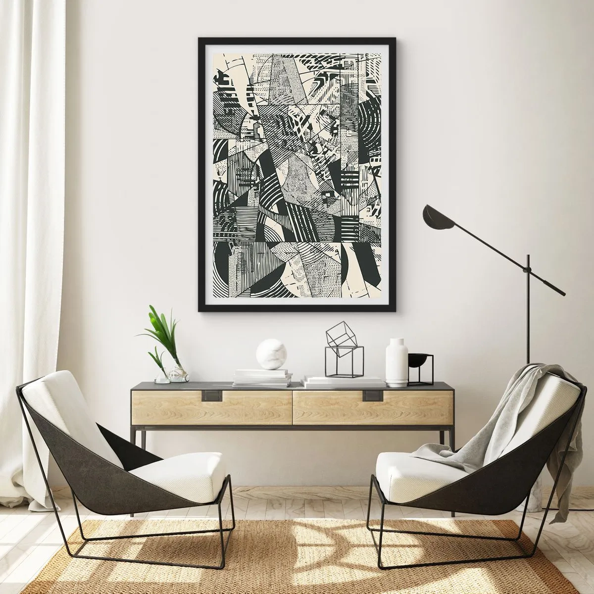 Plakat i sort ramme - Sort-hvide abstrakte geometriske mønstre - 50x70cm - Nutidens dynamik - Moderne vægdekoration til stue og soveværelse ARTTOR