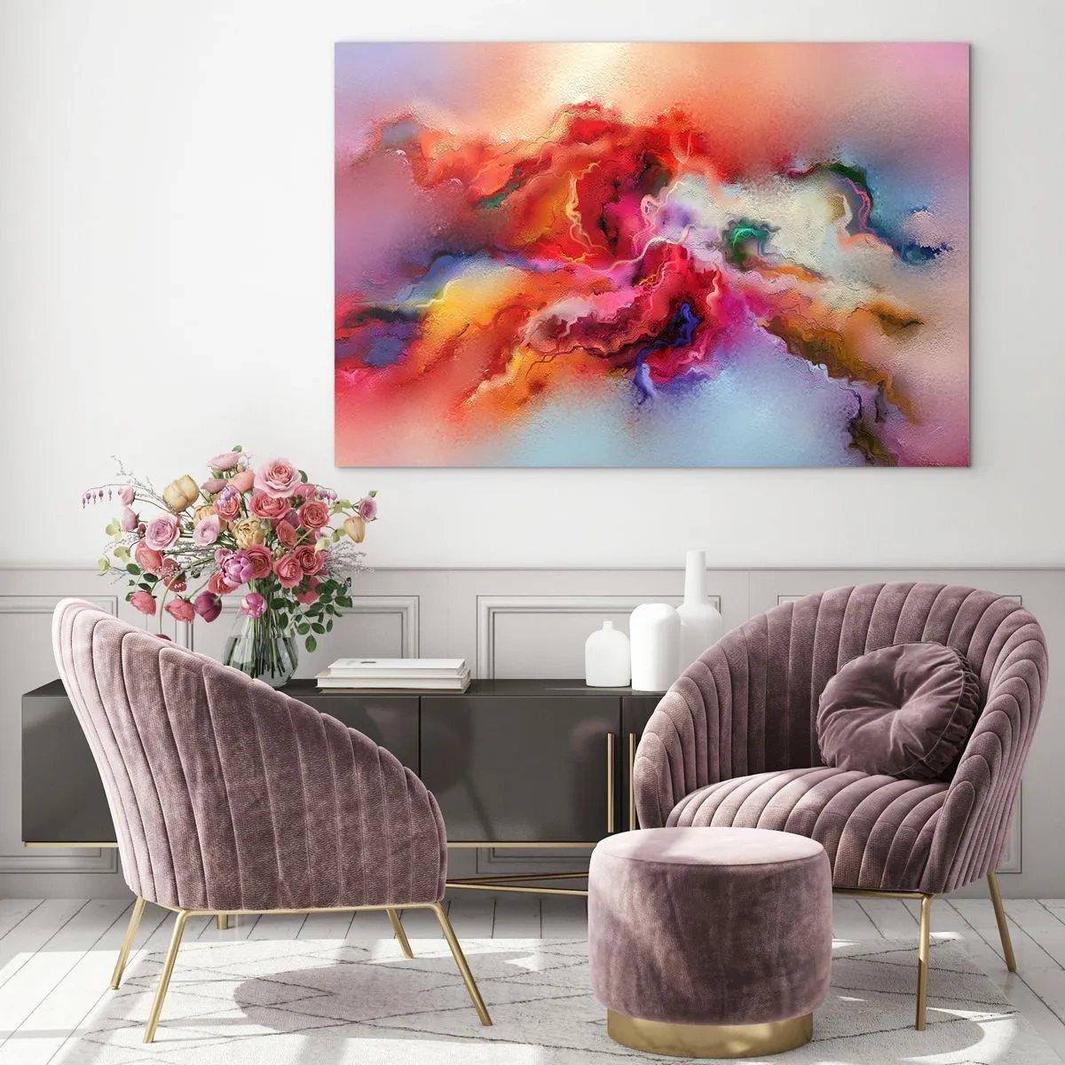 Billede på glas - En farverig abstraktion, der ligner hvirvlende røgspor. - 70x50cm - Sådan fanger du drømmen - røg - Moderne vægdekoration til stue og soveværelse ARTTOR