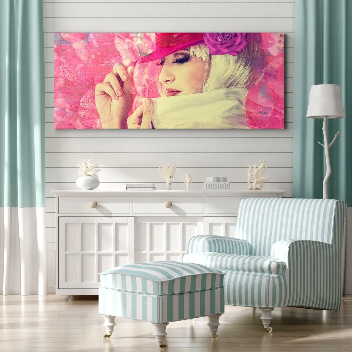 Lærredstryk - Billede på lærred - Retro portræt i lyserødt - 160x50 cm