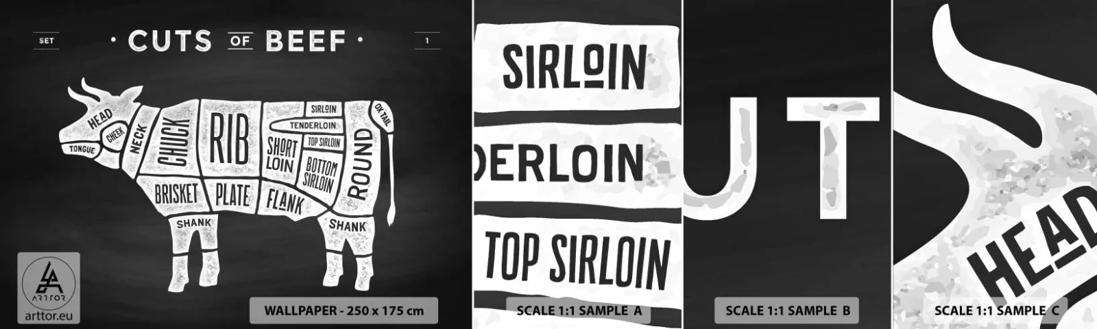 Fototapet Prøve Standard Eco - Slagterens grundbog - Gastronomi, Tyr, Bøf - 100x30 cm