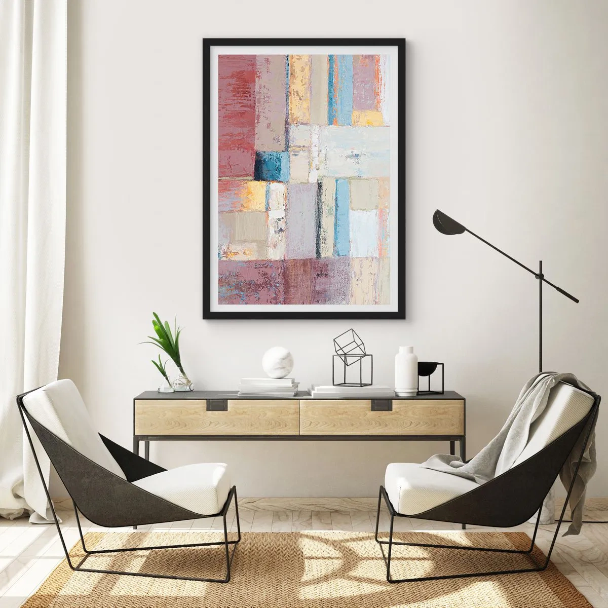 Plakat i sort ramme - Abstrakt geometrisk komposition i pastelfarver - 50x70cm - Geometriens ro - Moderne vægdekoration til stue og soveværelse ARTTOR