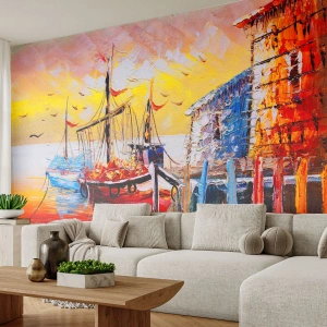 Fototapet Premium Sand - Glædelig tilbagevenden - Landskab, Fiskerhavn, Både - 100x70 cm