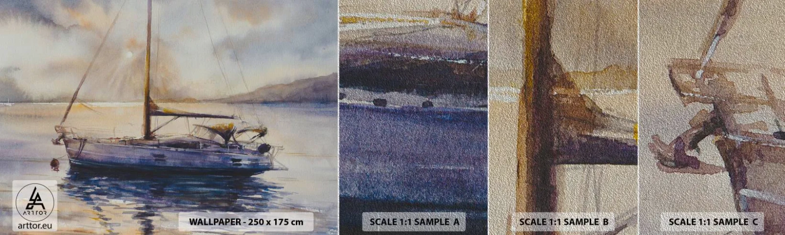 Prøve Fototapet Premium Sand - Aften i bugten - Sejlbåd, Fiskeri, Ved havet - 100x30 cm