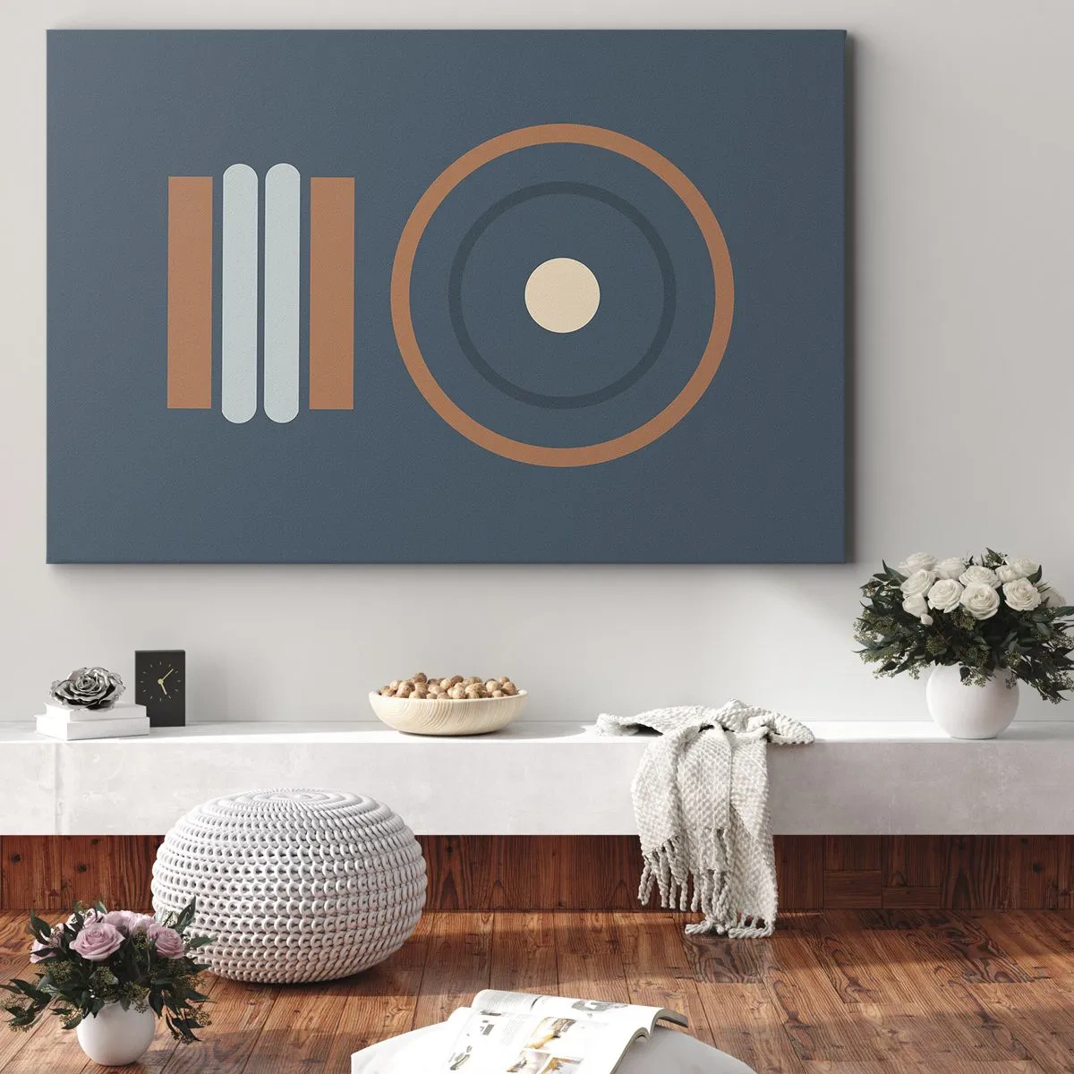 Lærredstryk - Billede på lærred - En geometrisk komposition med cirkler og rektangler i dæmpede farver. - 70x50cm - Essensen af tingene - Moderne vægdekoration til stue og soveværelse ARTTOR