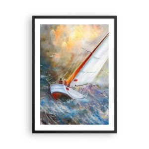 Plakat i sort ramme - En yacht sejler på et stormfuldt hav i et malerisk landskab - 50x70cm - Løber på bølgerne - Moderne vægdekoration til stue og soveværelse ARTTOR