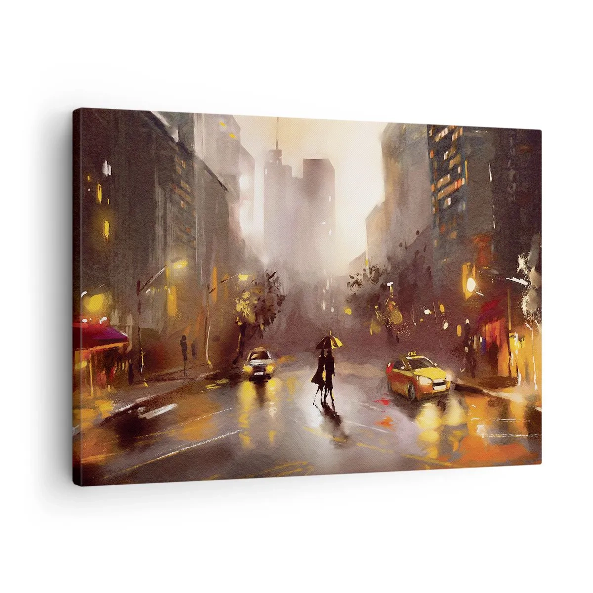 Lærredstryk - Billede på lærred - Et bybillede om natten i lyset fra gadelygter og refleksioner på en våd gade. - 70x50cm - Til New Yorks lys - Moderne vægdekoration til stue og soveværelse ARTTOR
