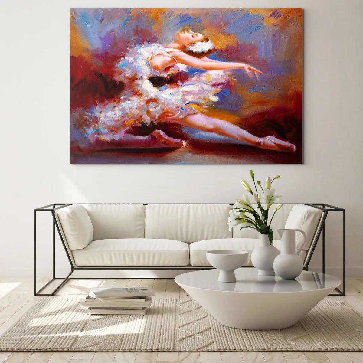 Billede på glas - En ballerina i en dynamisk positur mod en baggrund af abstrakte farver. - 70x50cm - Svanens ynde - Moderne vægdekoration til stue og soveværelse ARTTOR