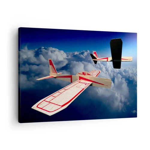 Lærredstryk - Billede på lærred - To træfly svæver over skyerne mod en blå himmel. - 70x50cm - Endnu højere, endnu længere - Moderne vægdekoration til stue og soveværelse ARTTOR