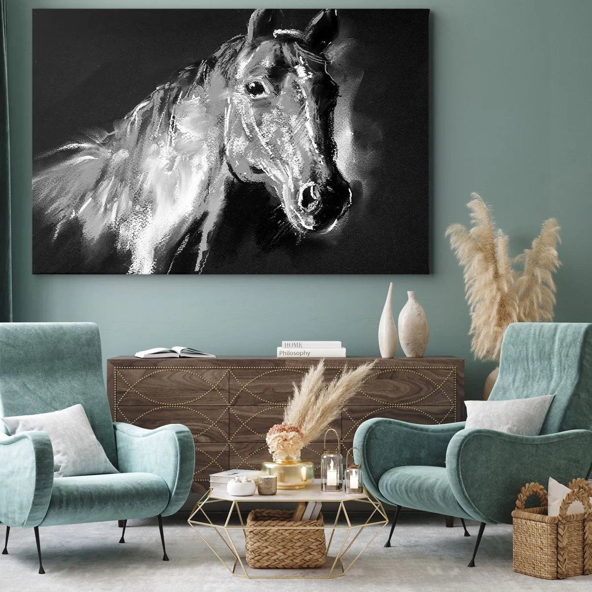 Lærredstryk - Billede på lærred - Portræt af en hest i dynamisk sort-hvid stil - 70x50cm - Skinnende en ædel sjæl - Moderne vægdekoration til stue og soveværelse ARTTOR