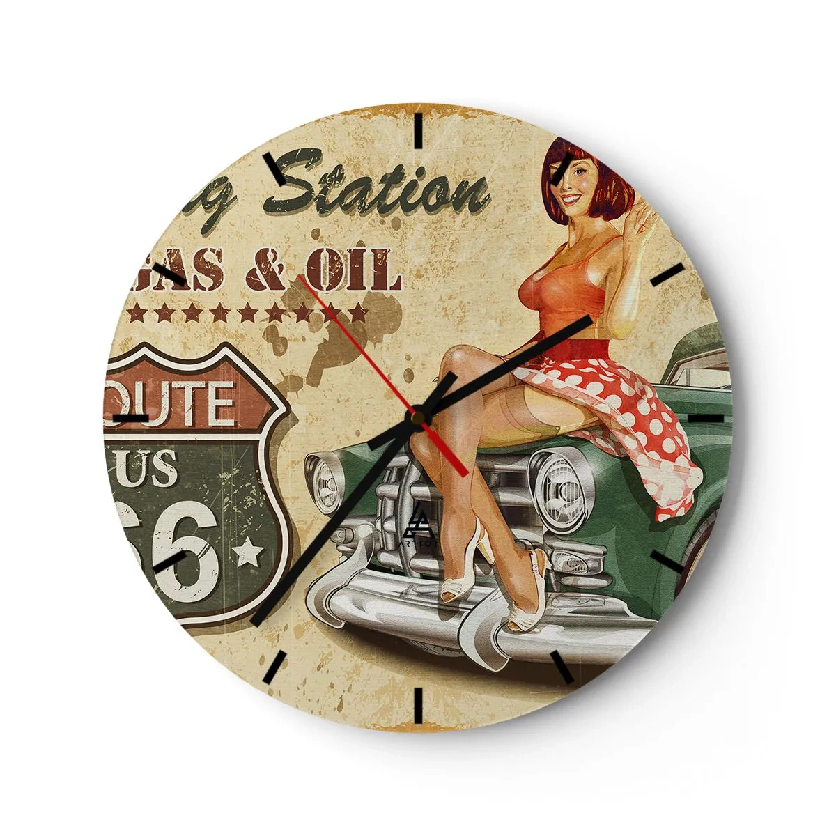 Vægur, Uret - Pin-up pige og retro bil - 30x30cm - De glorværdige 1940'ere. - Moderne vægdekoration til stue, køkken og soveværelse ARTTOR