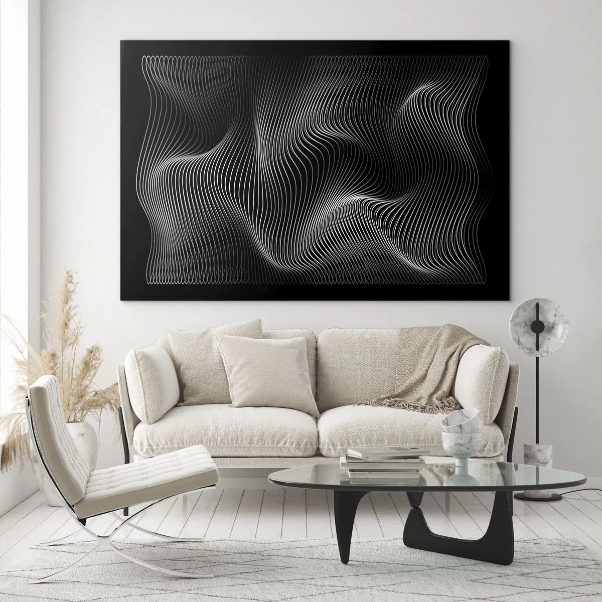 Billede på glas - Hypnotiserende hvide linjer, der bølger mod en sort baggrund - 70x50cm - Lysets dans i rummet - Moderne vægdekoration til stue og soveværelse ARTTOR