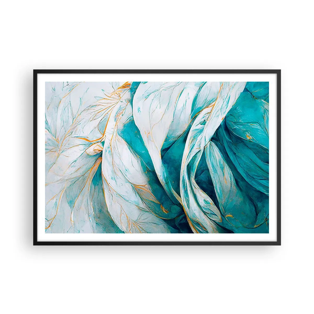 Plakat i sort ramme - Blå abstraktion med et guldmotiv - 100x70 cm