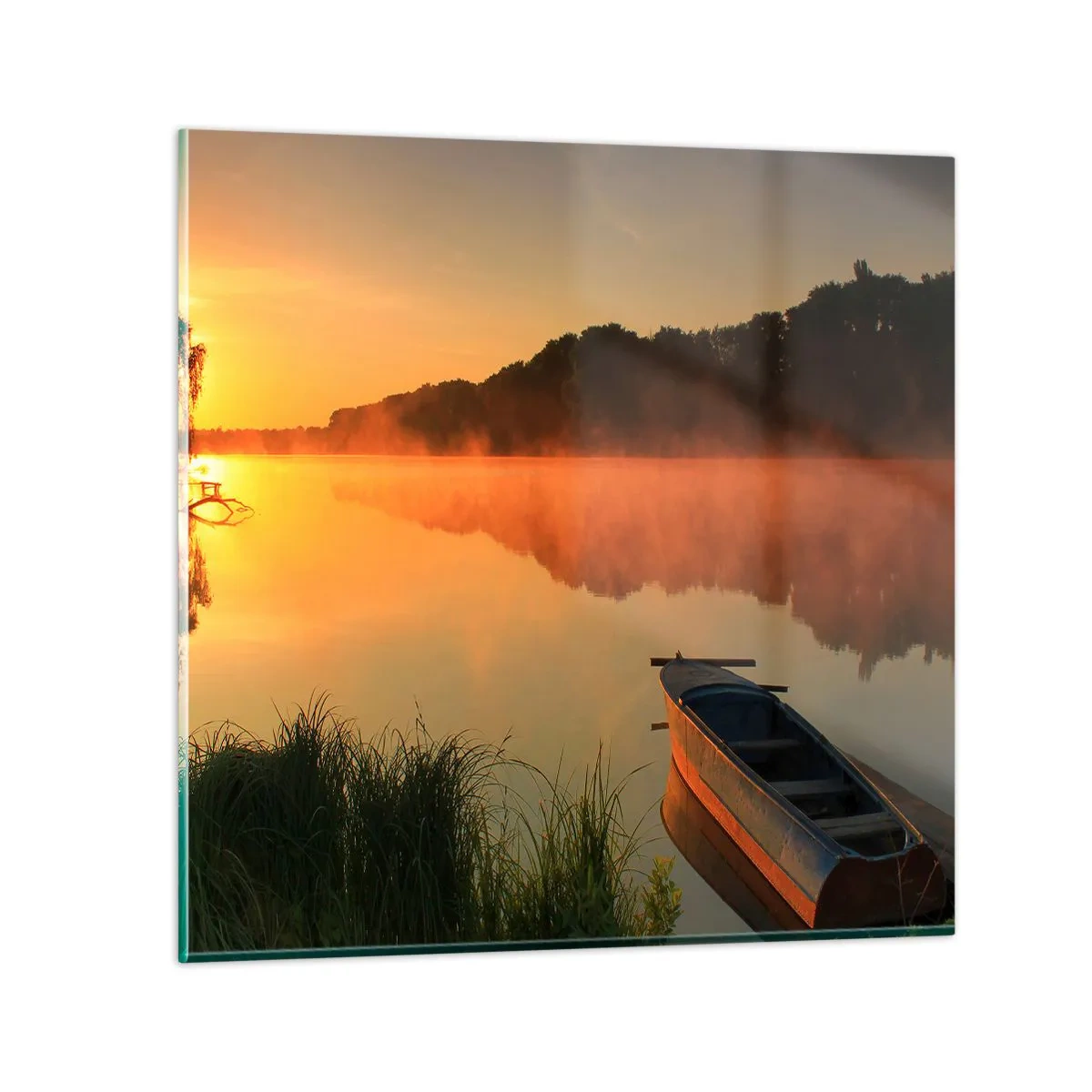 Billede på glas - Solopgang over vand som en spejlplade - 40x40 cm