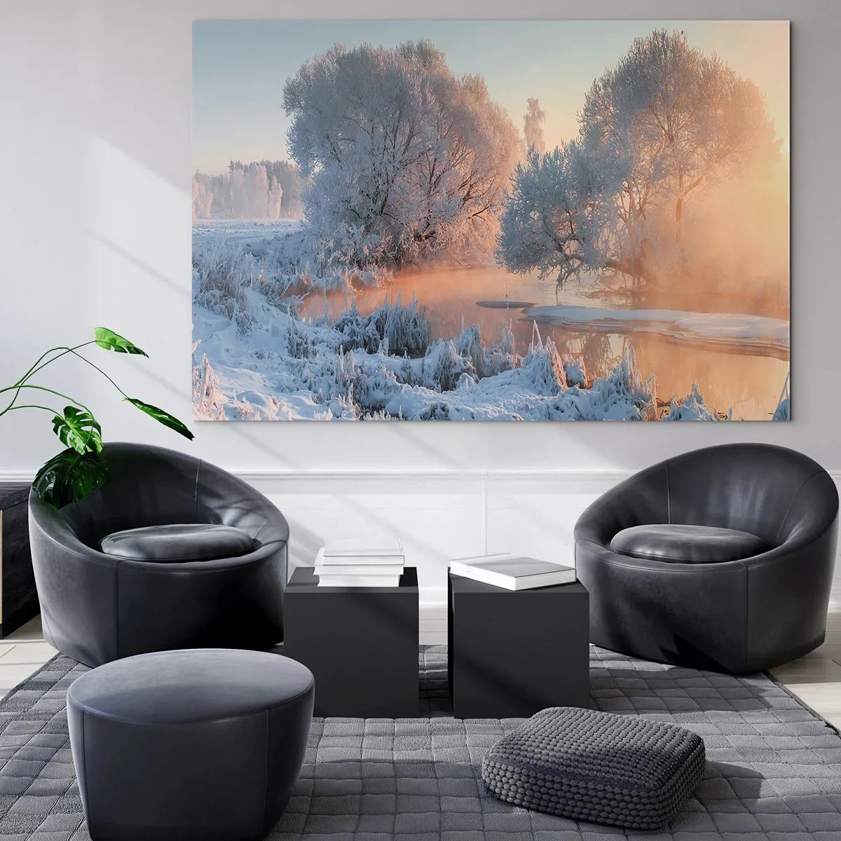 Billede på glas - Vinterlandskab med en frossen sø og morgentåge - 70x50cm - Alt lyser i solskinnende krystal - Moderne vægdekoration til stue og soveværelse ARTTOR