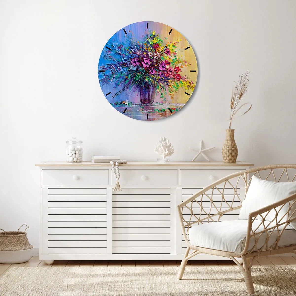 Vægur, Uret - En buket farverige blomster i en glasvase på en pastelfarvet baggrund - 30x30cm - Gave fra en sommereng - Moderne vægdekoration til stue, køkken og soveværelse ARTTOR