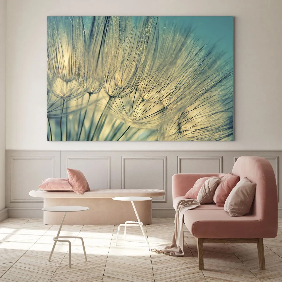 Billede på glas - Makrofotografi af en mælkebøtte mod en turkis baggrund - 70x50cm - Venter på vinden - Moderne vægdekoration til stue og soveværelse ARTTOR