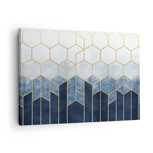 Lærredstryk - Billede på lærred - Geometrisk mønster i nuancer af guld og marineblå - 70x50cm - Komposition i synkoperet rytme - Moderne vægdekoration til stue og soveværelse ARTTOR