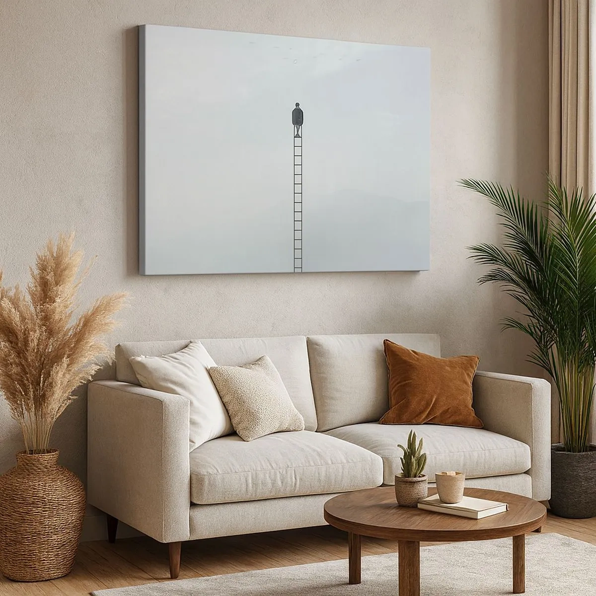 Lærredstryk - Billede på lærred - En mand på en stige stiger op mod himlen - 70x50cm - Stig yderligere - Moderne vægdekoration til stue og soveværelse ARTTOR