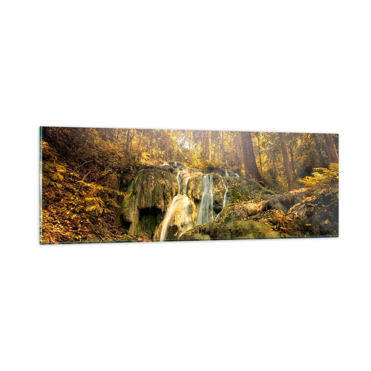 Billede på glas - Skovkaskade i grønt - 90x30 cm