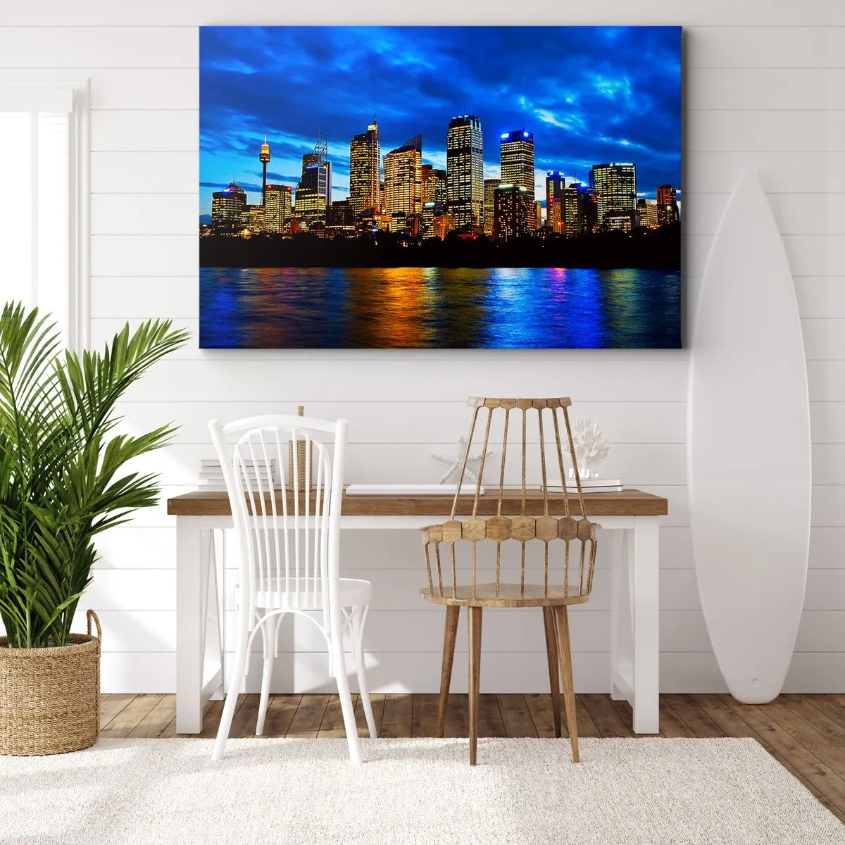 Lærredstryk - Billede på lærred - Panorama af natbyen med oplyste skyskrabere over vandet - 70x50cm - En nat med lys og farver - Moderne vægdekoration til stue og soveværelse ARTTOR