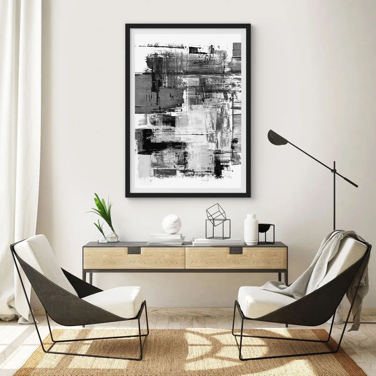 Plakat i sort ramme - Abstrakt komposition i nuancer af sort, hvid og grå - 50x70cm - Gråt er smukt - Moderne vægdekoration til stue og soveværelse ARTTOR
