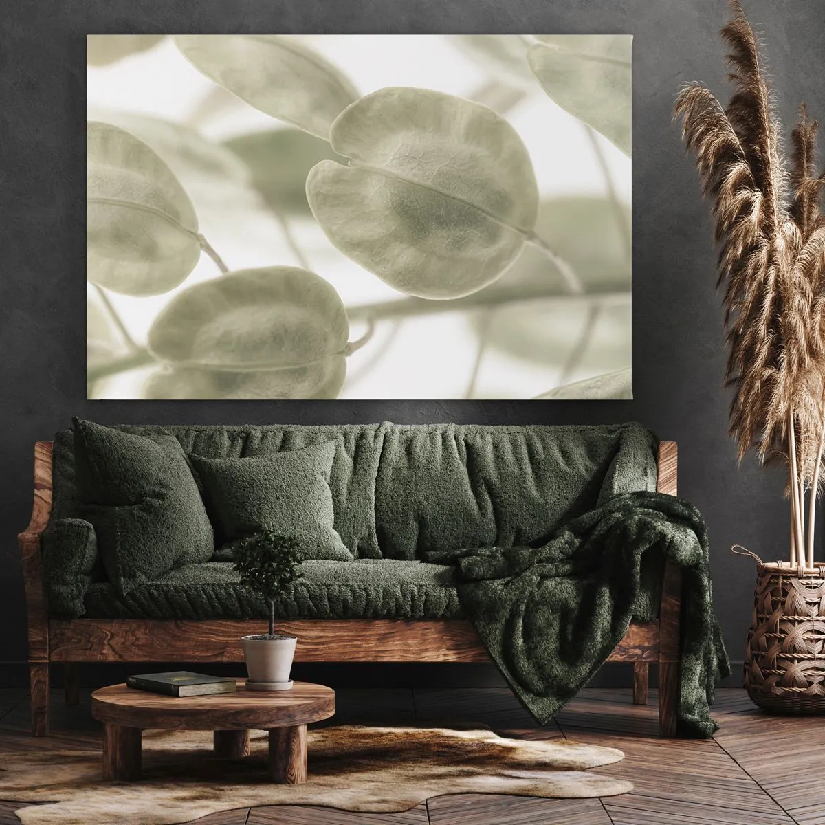 Lærredstryk - Billede på lærred - Et delikat maleri af blade i pastelgrønne nuancer på en lys baggrund. - 70x50cm - I begyndelsen var der blade... - Moderne vægdekoration til stue og soveværelse ARTTOR